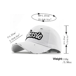 Detailed dimensions of white cotton baseball cap with Classic embroidery and worn edges