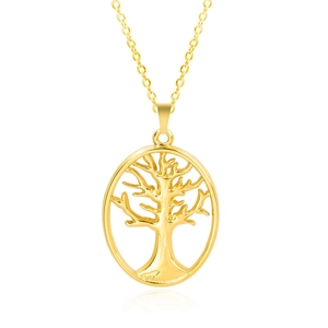 Macro detail of 18k gold plated tree of life pendant on a polished cable chain necklace