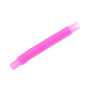Pink telescopic pop tube sensory toy with corrugated texture on a plain white background