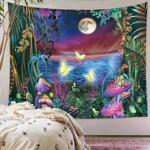 Whimsical forest tapestry featuring glowing mushrooms and full moon bedroom wall hanging