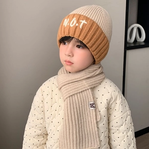 Kids winter knit hat and scarf set in beige and caramel color with NOT embroidery