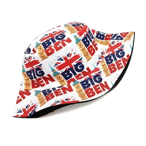 Detail view of the Union Jack and Big Ben print on this white cotton bucket hat