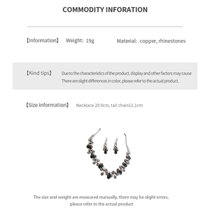Detailed spec sheet showing 19g copper necklace with black and clear rhinestones