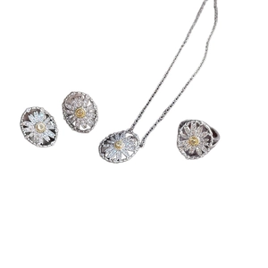Silver-plated daisy jewelry set with necklace earrings and ring featuring yellow crystals