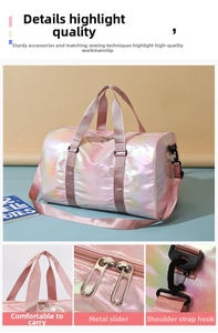 Detail view of iridescent gym bag featuring reinforced stitching and metal zippers