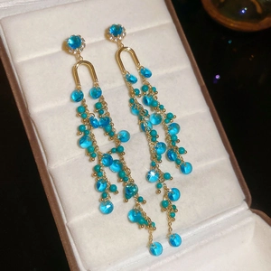 Macro shot of long blue crystal tassel earrings with gold metal links in a jewelry box
