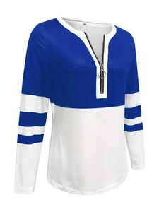 Detail of V-neck collar with zipper ring and blue white color block sleeve stripes