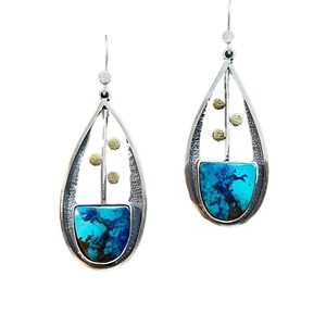 Orecchini pendenti bohémien in argento vintage con pietra turchese e dettagli oro