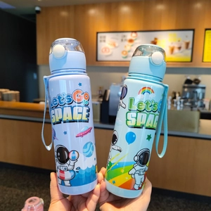 Detail of light blue and mint green astronaut water bottles with flip lids and carry straps