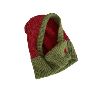 Knitted red and green balaclava hat with button detail for winter protection
