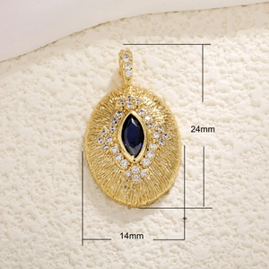 Gold oval star moon pendant with dark blue stone and size labels 24mm by 14mm