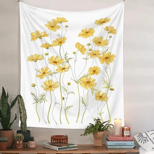 Bohemian home decor tapestry with yellow daisy floral pattern in a cozy room setting
