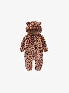 Infant winter leopard print hooded romper with cute bear ears and front zipper