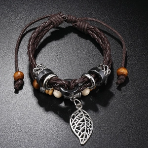 Multilayer beaded leather bracelet with silver leaf charm and adjustable wooden beads