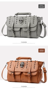 Close-up of punk style rivet texture and metal skull studs on the leather handbag