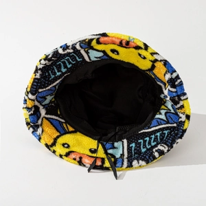 Winter plush yellow duck bucket hat with warm lamb wool and adjustable inner drawstrings