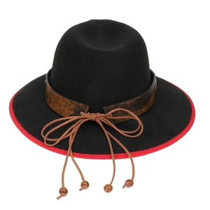 Detail of black felt fedora with red edge, vintage brown band and wooden bead tassel