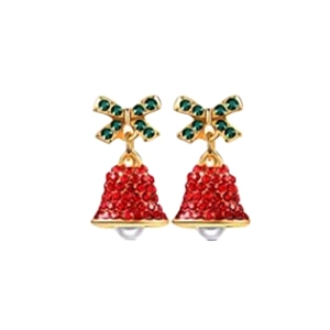 Detail of Christmas bell earrings with red and green rhinestones and white bead charms