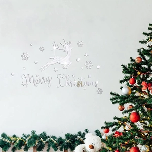Silver mirror Christmas wall stickers featuring reindeer and snowflakes for room decor