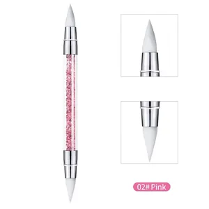 Penna per nail art in silicone a doppia punta con cristalli rosa per intaglio e goffratura