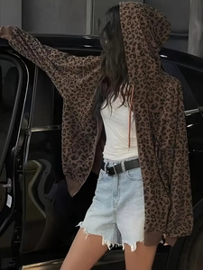 Women's casual leopard print zip-up hoodie featuring long sleeves and a relaxed fit jacket