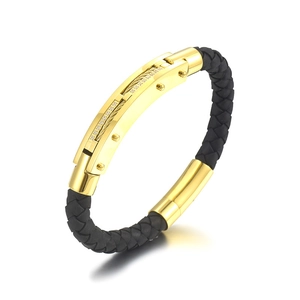 Men's titanium steel bracelet with black woven strap and gold-tone diamond inlay