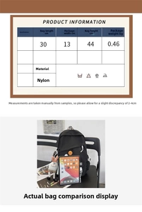 Size chart showing 30x13x44cm dimensions and iPad size comparison for the black backpack