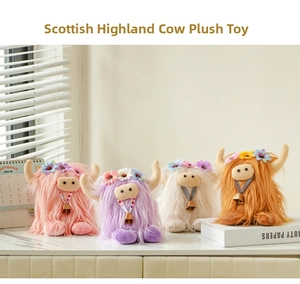 Scottish Highland cow plush toys in pink, purple, white and orange with flower headband