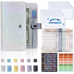 Detail view of holographic laser PU leather A6 budget binder set with zipper envelopes