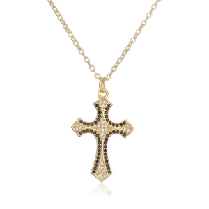 Detail of cross pendant with micro-pave black and white zircon on 18K gold chain