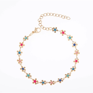 Bracelet en acier inoxydable plaqué or 18K avec breloques fleurs colorées en émail