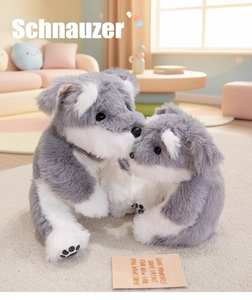 Detailed plush texture of Schnauzer stuffed animal toys on a cozy home sofa