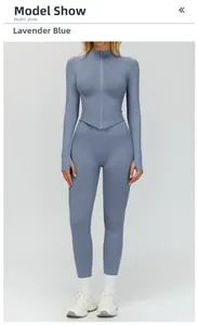 Ensemble de yoga sans couture en bleu aster avec veste zippée et legging taille haute côtelé