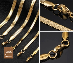 Detailed comparison of gold herringbone chains in various widths with lobster clasp detail