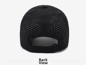 Back view of black quick-dry baseball cap featuring laser-cut ventilation holes