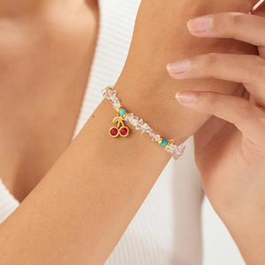 Irregular clear crystal beads bracelet with red cherry pendant and stainless steel hardware