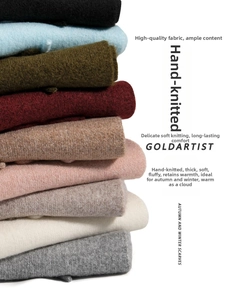 Stack of handmade knitted scarves in multiple colors showing soft wool blend texture