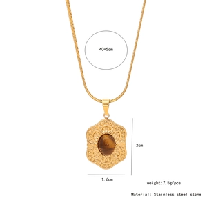 Detailed size chart of gold flower tiger eye stone pendant necklace in stainless steel