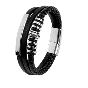Men's multi-layer black braided leather bracelet with silver metal magnetic clasp detail