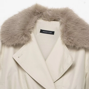 Short waterproof beige windbreaker with premium fluffy faux fur collar detail