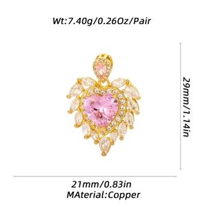 Detailed technical drawing of a gold heart pendant with pink stones and dimensions