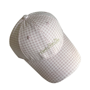 Pink gingham baseball cap featuring Nami Surf Club embroidery for a casual summer look