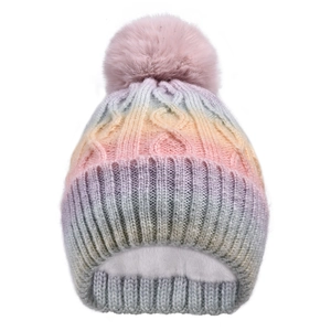Detail of gradient knit beanie showing thick fleece lining and soft pom-pom