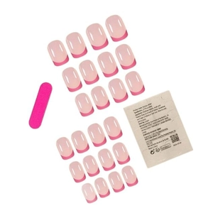 Set of 24 pink French tip press-on nails with nail file and application instructions