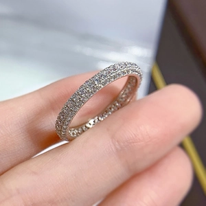 Close-up of S925 silver ring with triple rows of pavé-set sparkling zircons