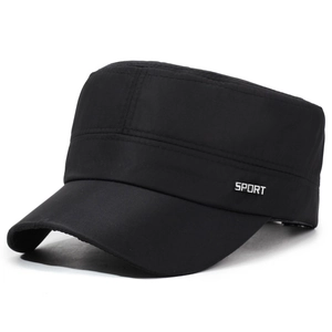 Classic black cadet cap for men with a flat top and silver Sport side emblem