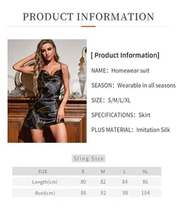 Size chart showing S-XL measurements for black faux silk V-neck backless nightdress