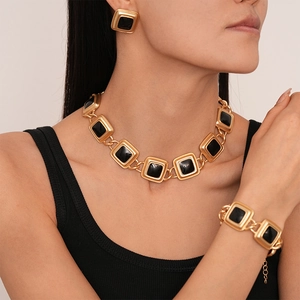 Vintage gold square necklace and earrings set with black resin inlay for women
