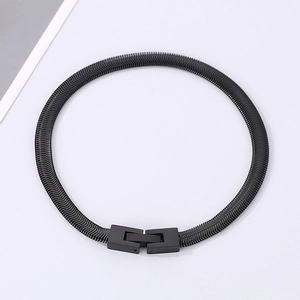 Macro shot of a black 5mm snake chain necklace featuring a square lobster clasp detail