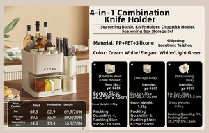 Detail view of cream white kitchen organizer with knife block and spice drawer storage